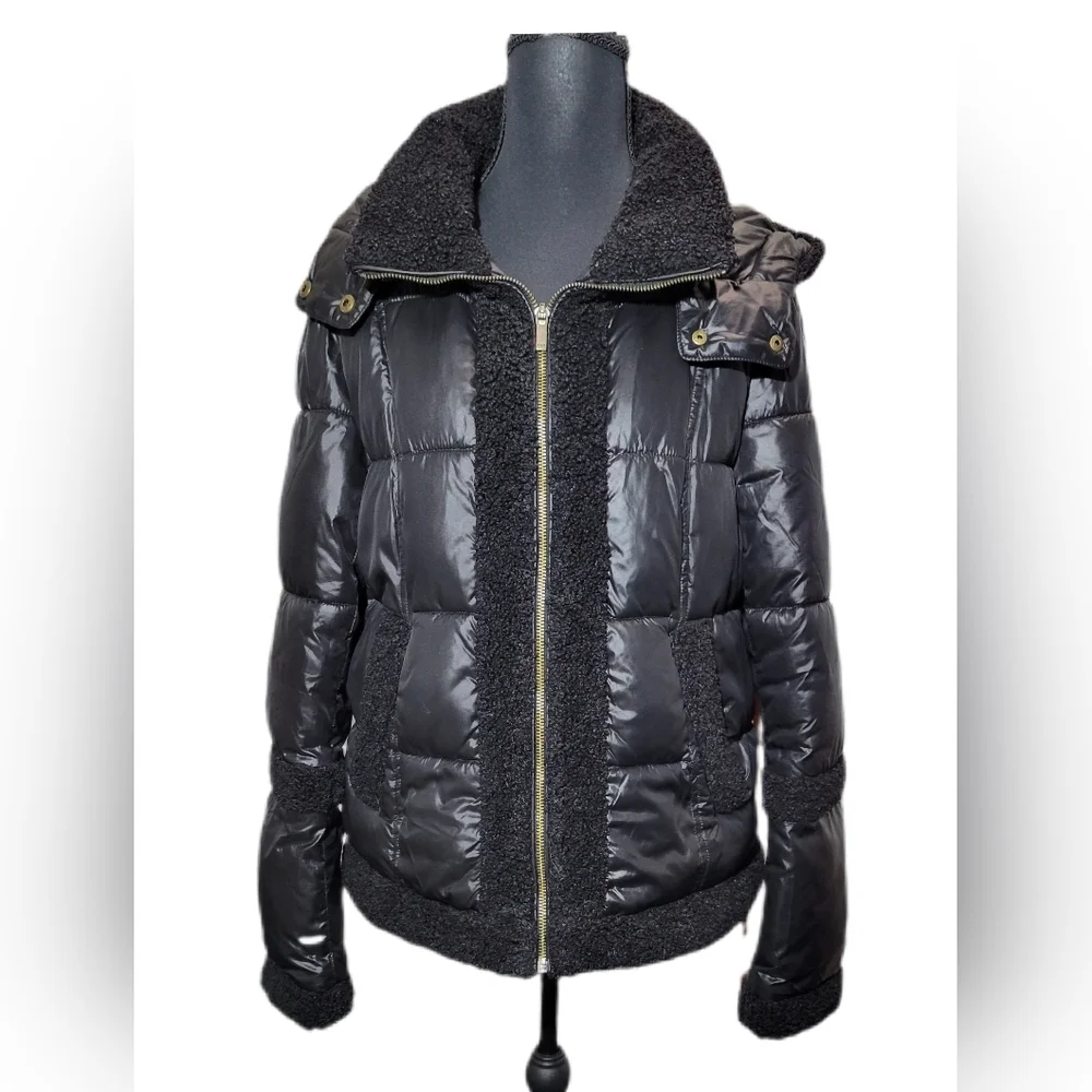 A.n.a Black Glossy Puffer Sherpa Detail Hooded Chic Cold Winter Weather Jacket